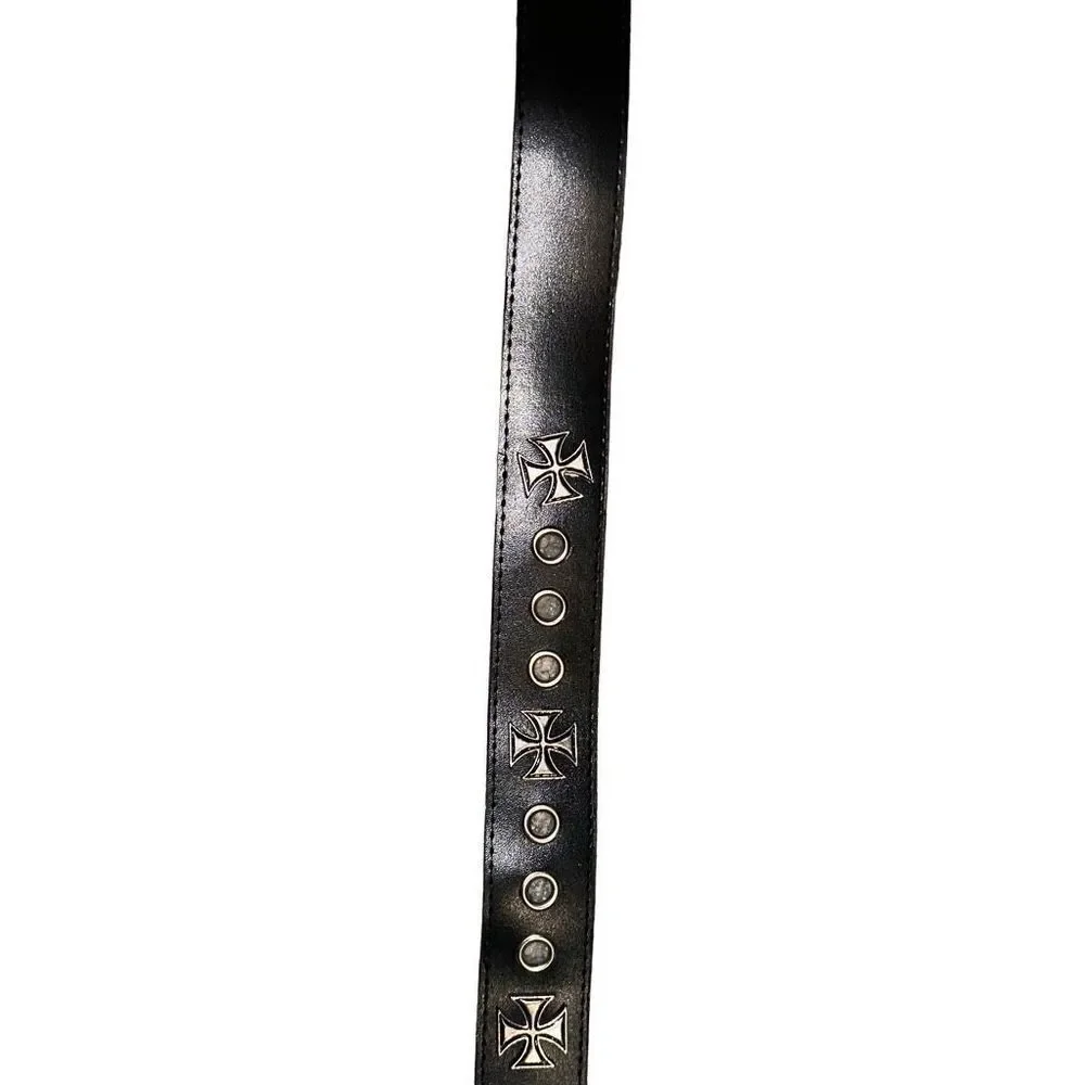 Single Pin Buckle Unisex Black Cross Grommet Faux Leather Belt